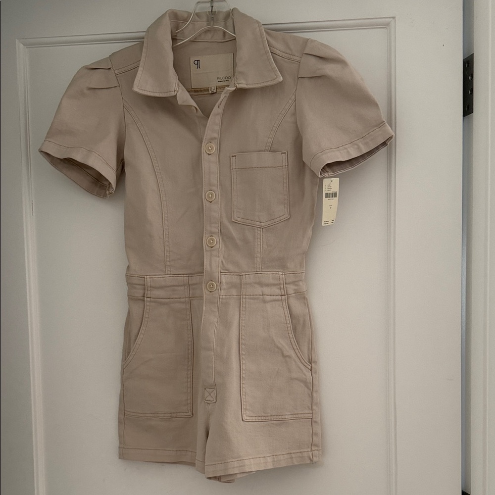 Anthropologie Pilcro Beige Short-Sleeve Utility Short Romper size 0